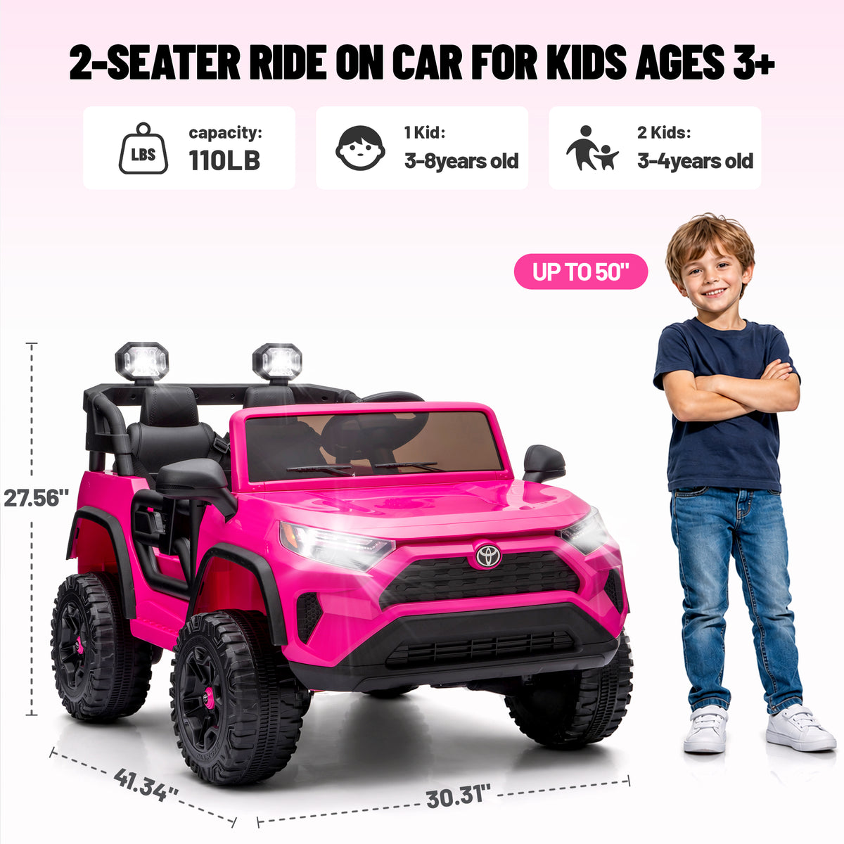 Toyota 24V Kids Ride on Car, 2 Seater Electric Ride on Truck with Remote Control, 4 WD Powered Ride on Toy, Bluetooth, USB, MP3, LED, Horn, 4 Wheel Suspension Electric Cars for Boys Girls 3+, Pink
