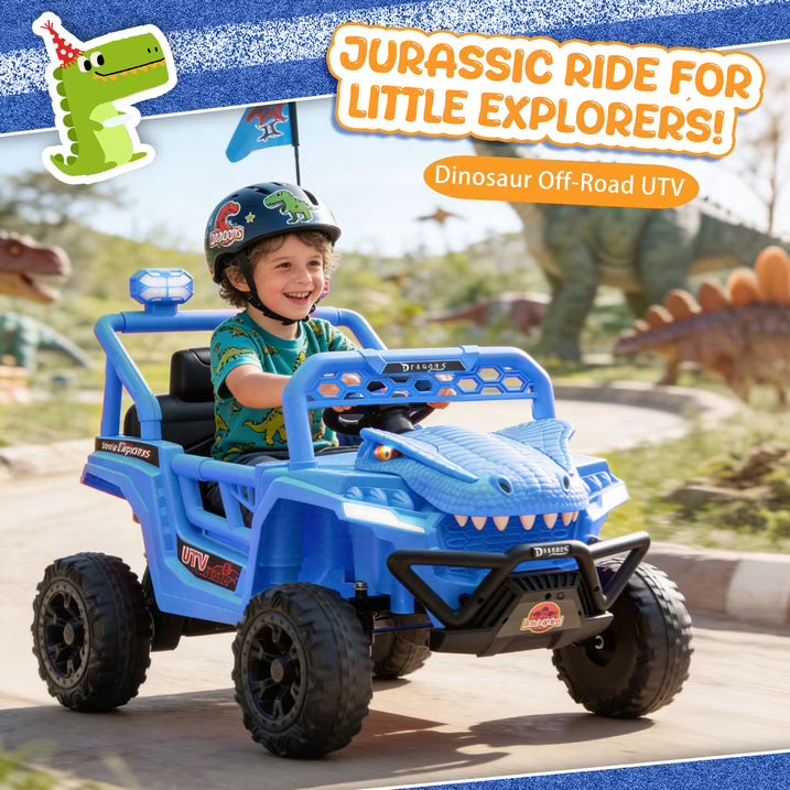 12V Powered Ride on Cars for Kids, Dinosaur Electric Ride on Toys with Remote Control, 4 Wheels Suspension Toy Car with Bluetooth, Music, LED Light, Kids Electric Cars for Boys Girls Around 3, Khaki