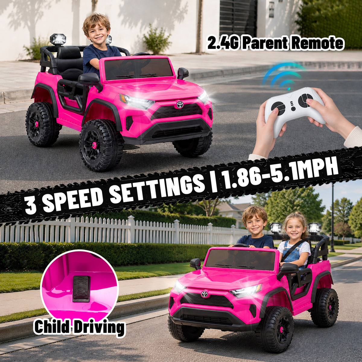 Toyota 24V Kids Ride on Car, 2 Seater Electric Ride on Truck with Remote Control, 4 WD Powered Ride on Toy, Bluetooth, USB, MP3, LED, Horn, 4 Wheel Suspension Electric Cars for Boys Girls 3+, Pink