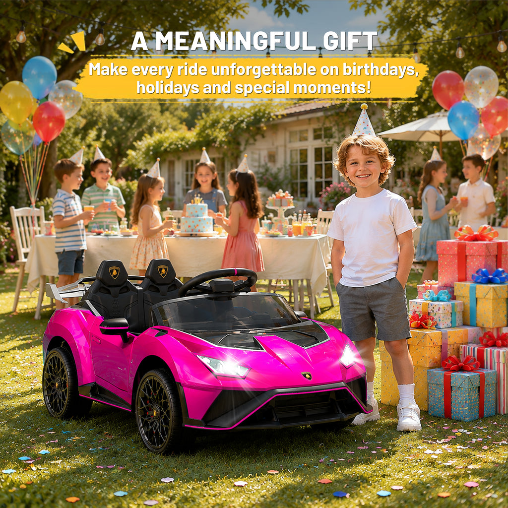 Lamborghini 12V Ride on Car for Kids, Powered Ride on Toys with Remote Control, Music, Bluetooth, LED Lights, Rear Wheel Suspension Electric Car for 1-4 Years Ages Olds, Pink