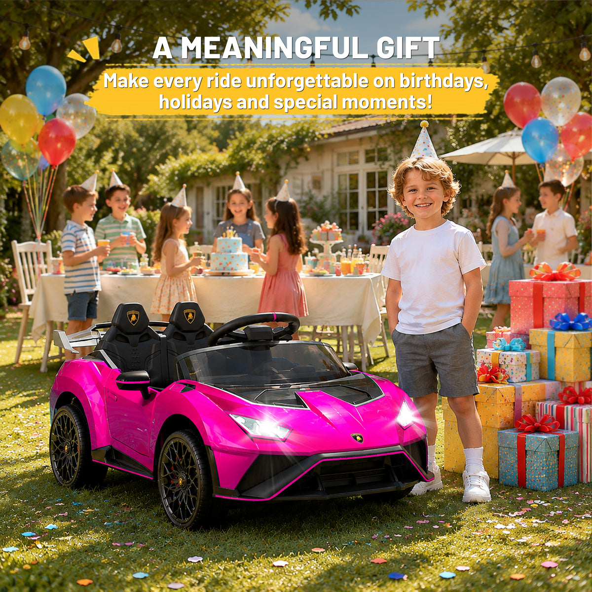 Lamborghini 12V Ride on Car for Kids, Powered Ride on Toys with Remote Control, Music, Bluetooth, LED Lights, Rear Wheel Suspension Electric Car for 1-4 Years Ages Olds, Pink