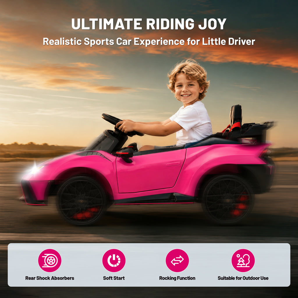 Lamborghini 12V Ride on Car for Kids, Powered Ride on Toys with Remote Control, Music, Bluetooth, LED Lights, Rear Wheel Suspension Electric Car for 1-4 Years Ages Olds, Pink