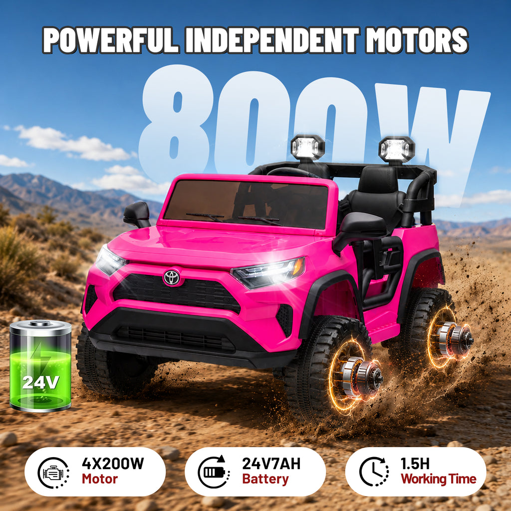 Toyota 24V Kids Ride on Car, 2 Seater Electric Ride on Truck with Remote Control, 4 WD Powered Ride on Toy, Bluetooth, USB, MP3, LED, Horn, 4 Wheel Suspension Electric Cars for Boys Girls 3+, Pink