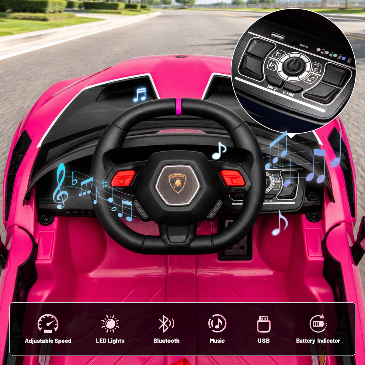 Lamborghini 12V Ride on Car for Kids, Powered Ride on Toys with Remote Control, Music, Bluetooth, LED Lights, Rear Wheel Suspension Electric Car for 1-4 Years Ages Olds, Pink