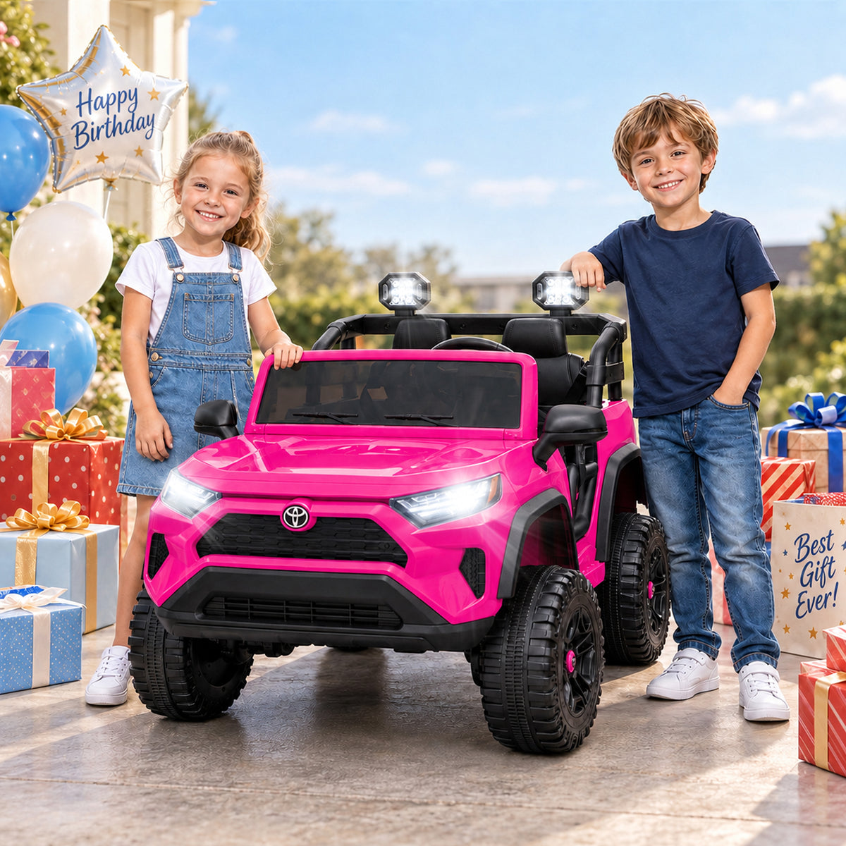 Toyota 24V Kids Ride on Car, 2 Seater Electric Ride on Truck with Remote Control, 4 WD Powered Ride on Toy, Bluetooth, USB, MP3, LED, Horn, 4 Wheel Suspension Electric Cars for Boys Girls 3+, Pink