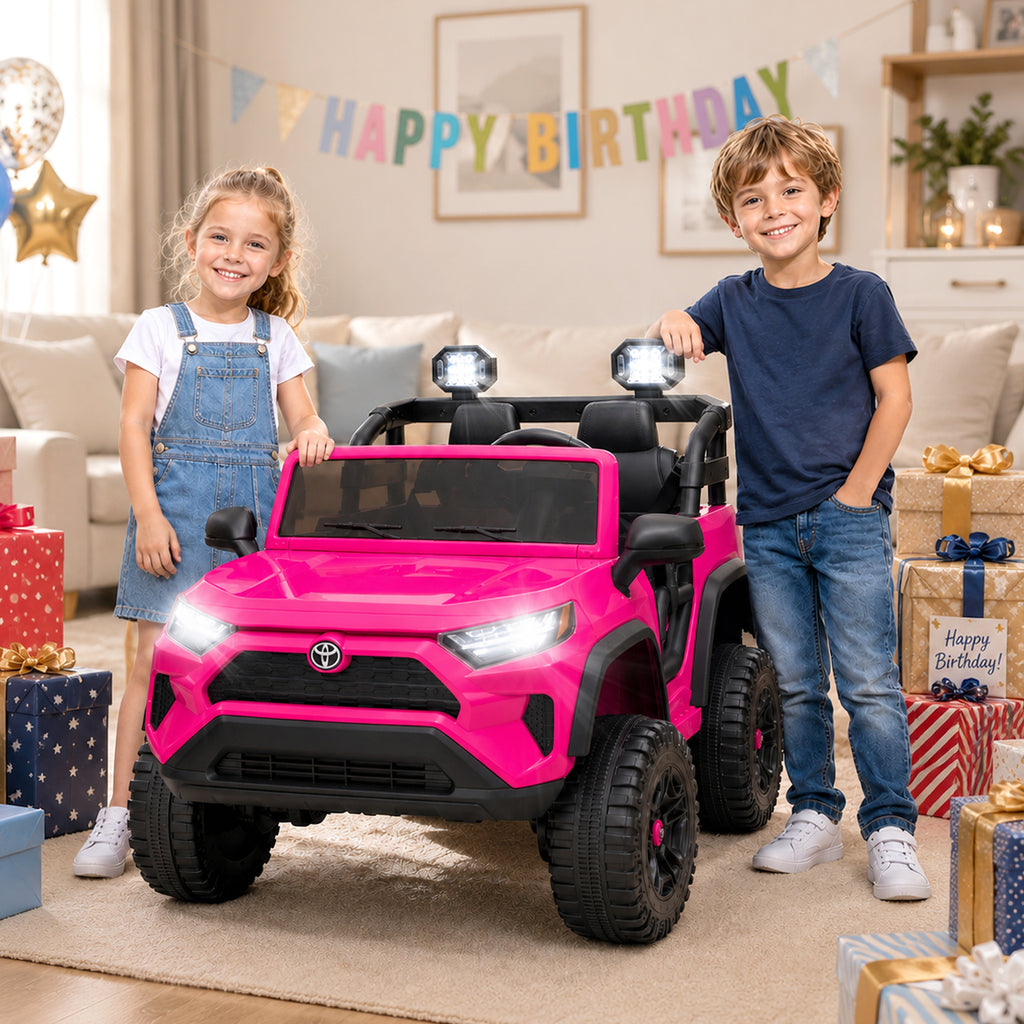 Toyota 24V Kids Ride on Car, 2 Seater Electric Ride on Truck with Remote Control, 4 WD Powered Ride on Toy, Bluetooth, USB, MP3, LED, Horn, 4 Wheel Suspension Electric Cars for Boys Girls 3+, Pink