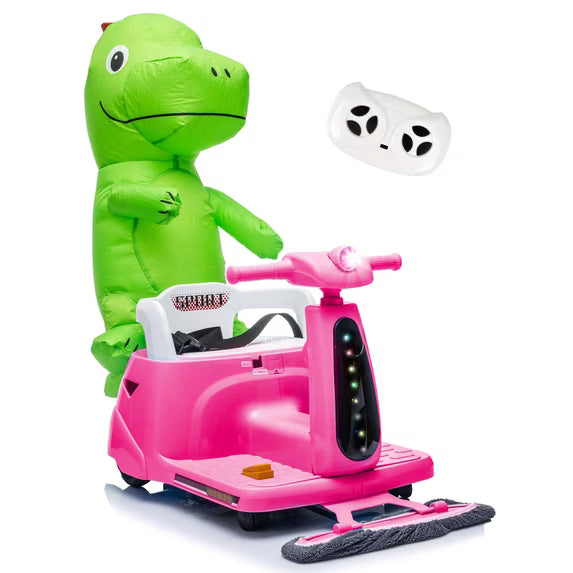 12V Power Ride On Toy with Remote Control, 360° Spin Scooter Ride On Cars for Kid with Bluetooth Music, Indoor Floor Mop & Inflatable Dinosaur, Battery Powered Ride On Cars for Toddlers Age 2-4, Pink