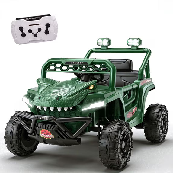 12V Powered Ride on Cars for Kids, Dinosaur Electric Ride on Toys with Remote Control, 4 Wheels Suspension Toy Car with Bluetooth, Music, LED Light, Kids Electric Cars for Boys Girls Around 3, Green