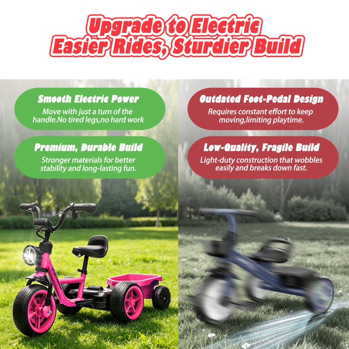 Toddler Tricycle with Wagon, Pedal Powered Ride On Tractor Toy with Light for Boys and Girls