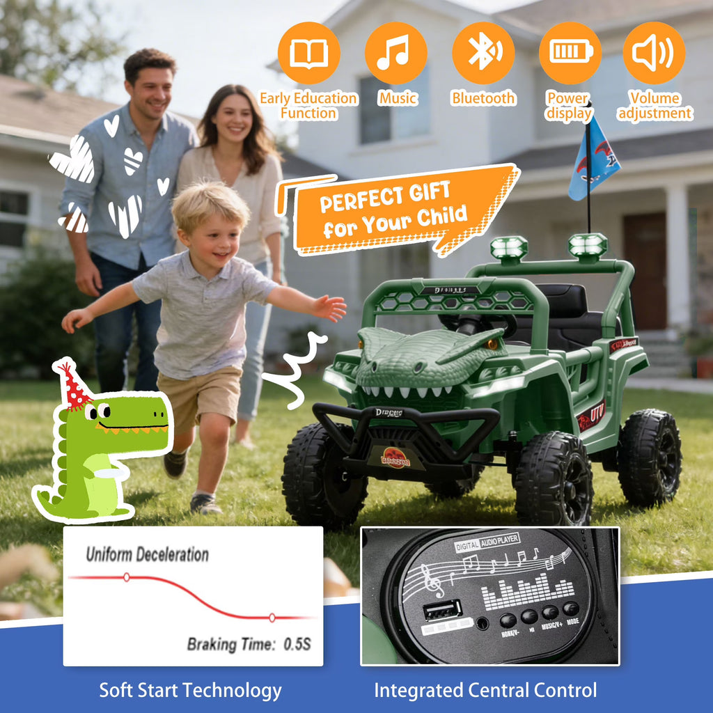 12V Powered Ride on Cars for Kids, Dinosaur Electric Ride on Toys with Remote Control, 4 Wheels Suspension Toy Car with Bluetooth, Music, LED Light, Kids Electric Cars for Boys Girls Around 3, Green