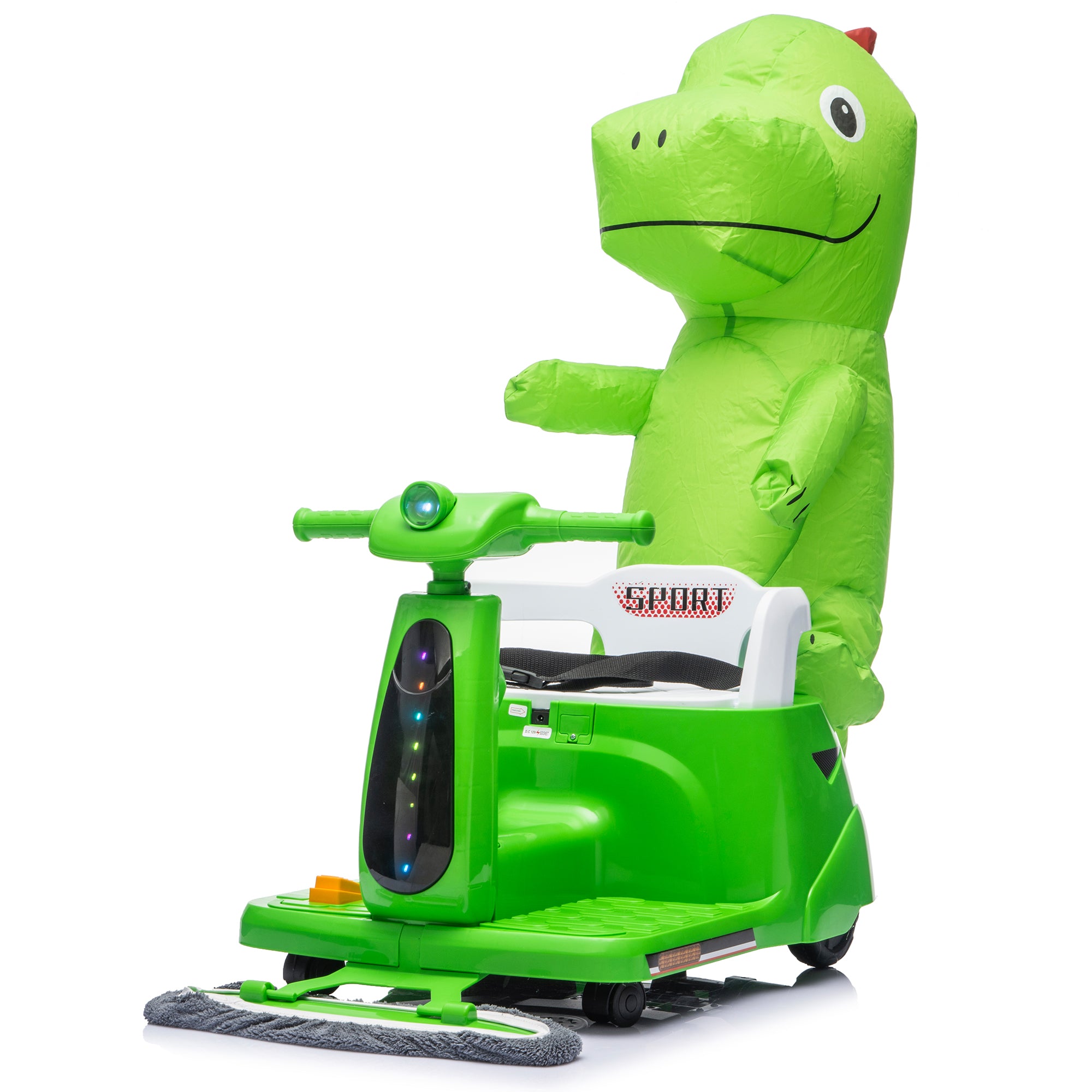 12V Power Ride On Toy with Remote Control, 360° Spin Scooter Ride On Cars for Kid with Bluetooth Music, Indoor Floor Mop & Inflatable Dinosaur, Battery Powered Ride On Cars for Toddlers Age 2-4, Pink