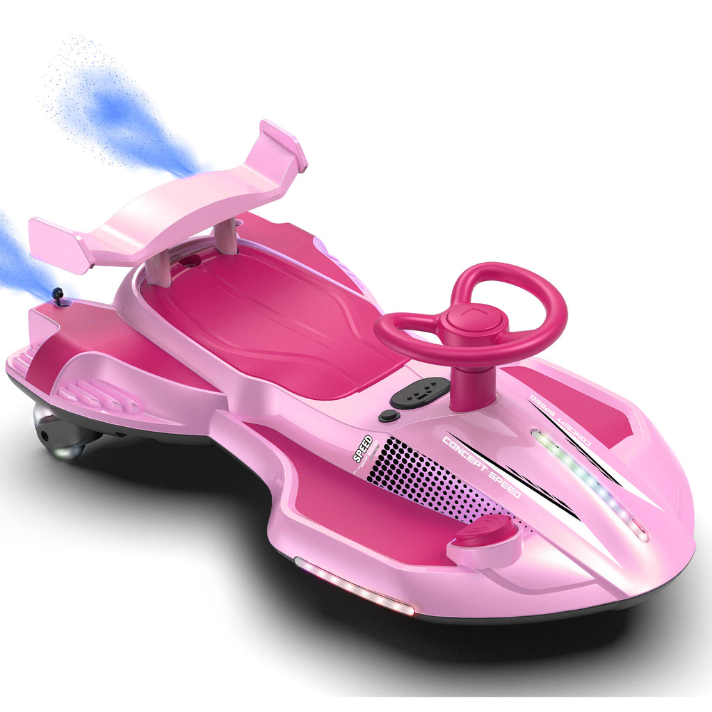 12V Kids Ride On Electric Wiggle Car, 360° Drift Ride On Toy with Rear Mist Spray, LED Lights, Flashing Wheels, Bluetooth Music, USB, MP3, Power Display, Anti-Tip Chassis, 3.73-4.35 MPH, Ages 3+