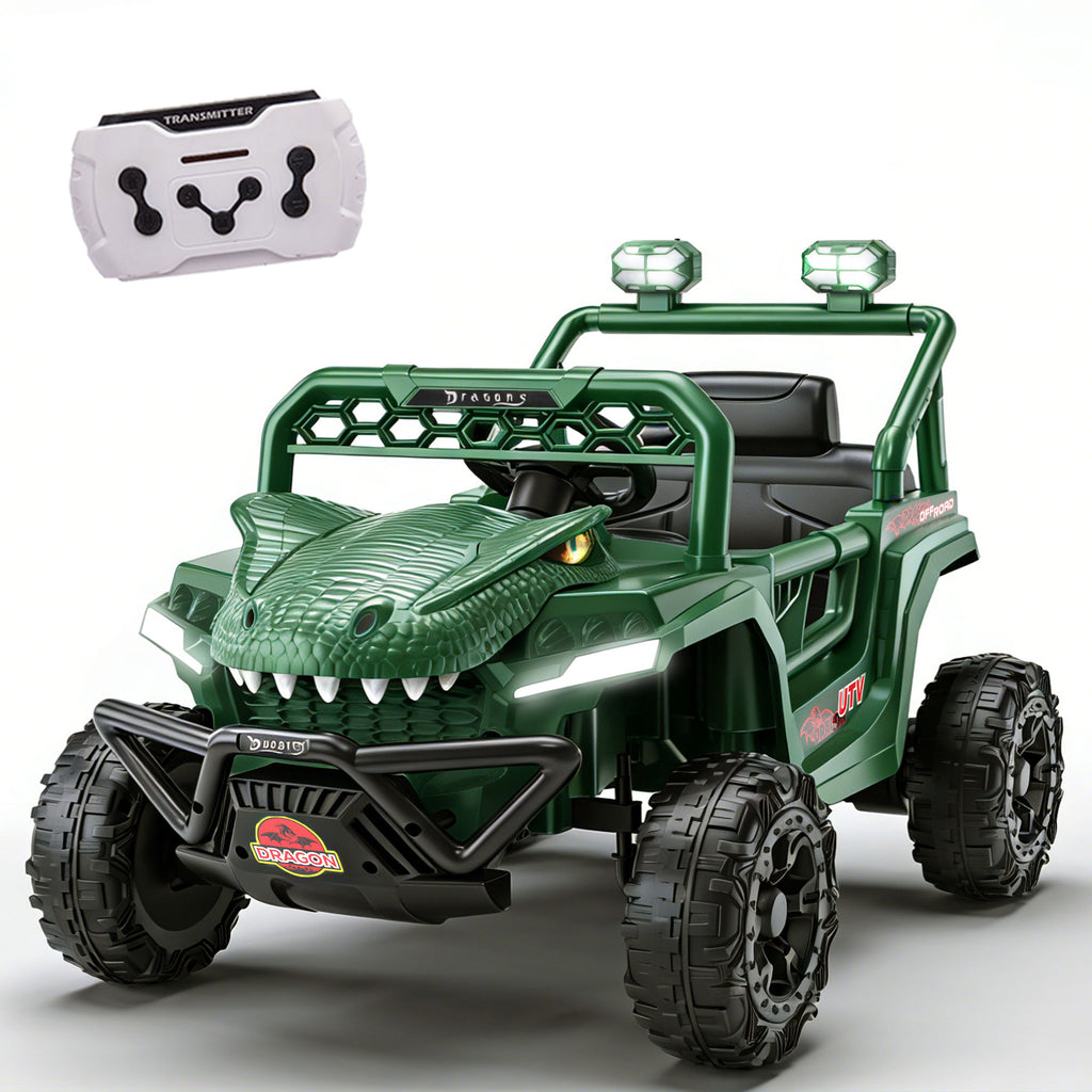 12V Powered Ride on Cars for Kids, Dinosaur Electric Ride on Toys with Remote Control, 4 Wheels Suspension Toy Car with Bluetooth, Music, LED Light, Kids Electric Cars for Boys Girls Around 3, Green
