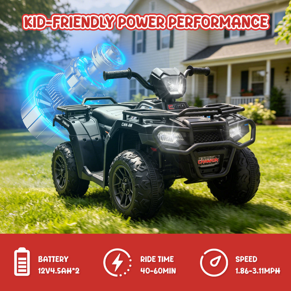 24V Kids Ride On ATV Toy, Electric 4 Wheeler Ride on Car for Toddlers Ages 2-4, Dual 55W Motors, 3.11 MPH Max Speed, Bluetooth Music, LED Lights, Spring Suspension, Storage Racks, Black