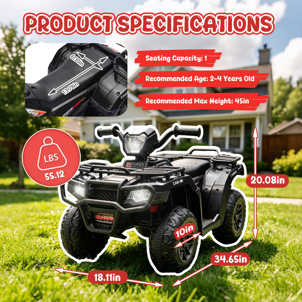 24V Kids Ride On ATV Toy, Electric 4 Wheeler Ride on Car for Toddlers Ages 2-4, Dual 55W Motors, 3.11 MPH Max Speed, Bluetooth Music, LED Lights, Spring Suspension, Storage Racks, Black