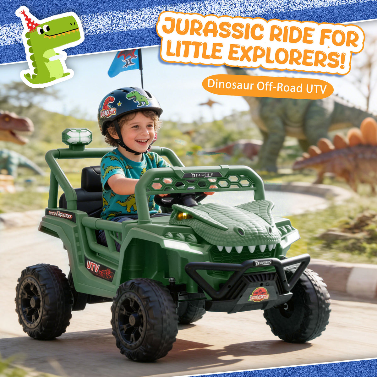 12V Powered Ride on Cars for Kids, Dinosaur Electric Ride on Toys with Remote Control, 4 Wheels Suspension Toy Car with Bluetooth, Music, LED Light, Kids Electric Cars for Boys Girls Around 3, Green