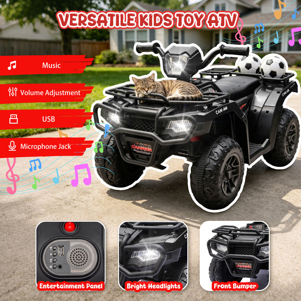 24V Kids Ride On ATV Toy, Electric 4 Wheeler Ride on Car for Toddlers Ages 2-4, Dual 55W Motors, 3.11 MPH Max Speed, Bluetooth Music, LED Lights, Spring Suspension, Storage Racks, Black