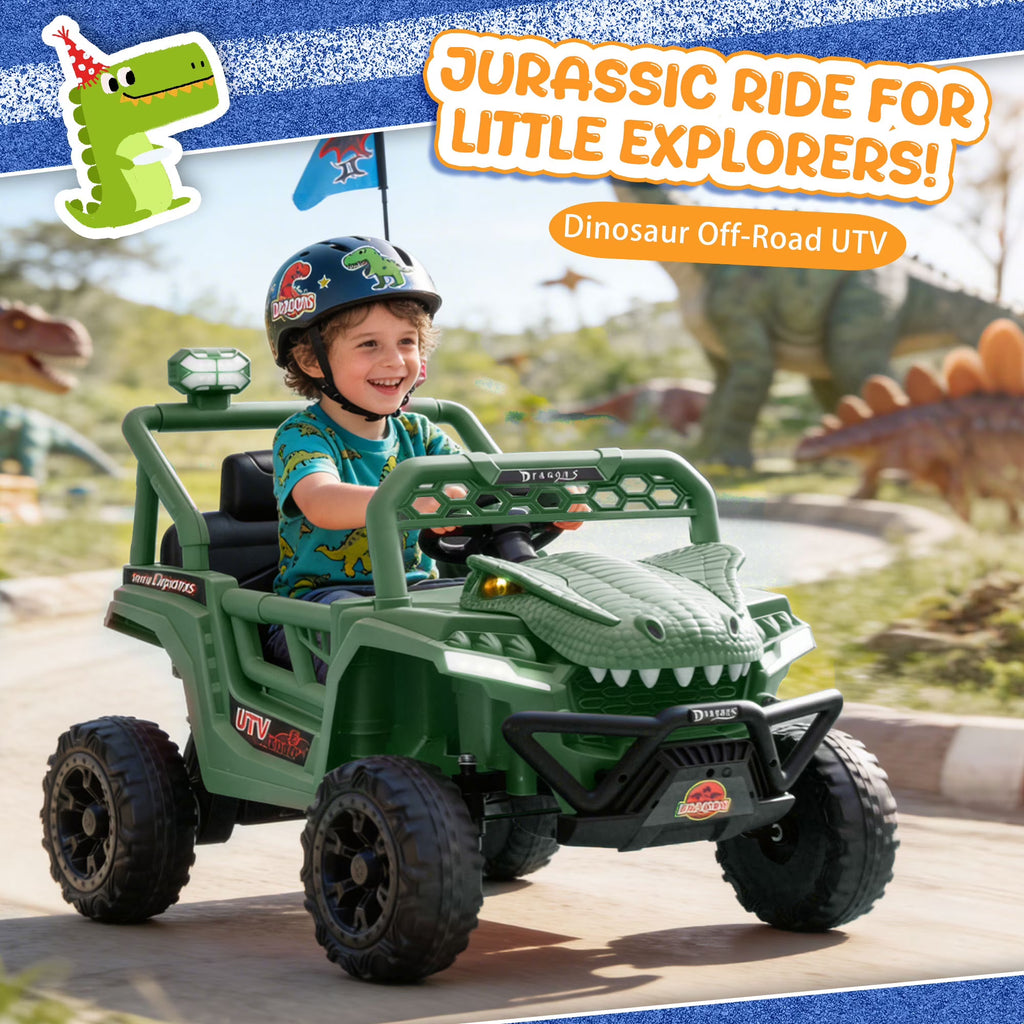 12V Powered Ride on Cars for Kids, Dinosaur Electric Ride on Toys with Remote Control, 4 Wheels Suspension Toy Car with Bluetooth, Music, LED Light, Kids Electric Cars for Boys Girls Around 3, Green