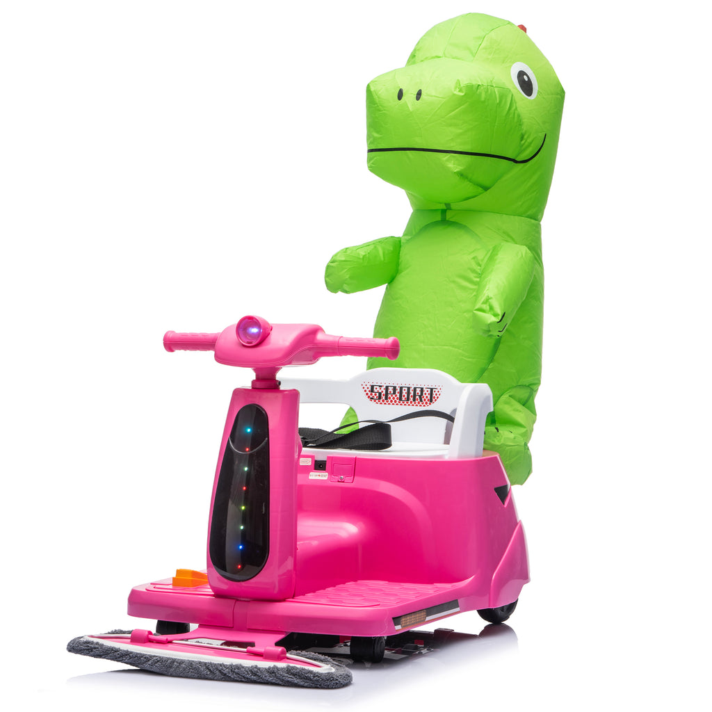 12V Power Ride On Toy with Remote Control, 360° Spin Scooter Ride On Cars for Kid with Bluetooth Music, Indoor Floor Mop & Inflatable Dinosaur, Battery Powered Ride On Cars for Toddlers Age 2-4, Pink
