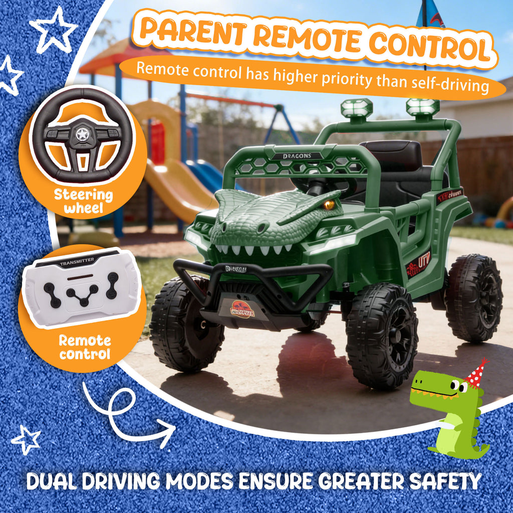 12V Powered Ride on Cars for Kids, Dinosaur Electric Ride on Toys with Remote Control, 4 Wheels Suspension Toy Car with Bluetooth, Music, LED Light, Kids Electric Cars for Boys Girls Around 3, Green