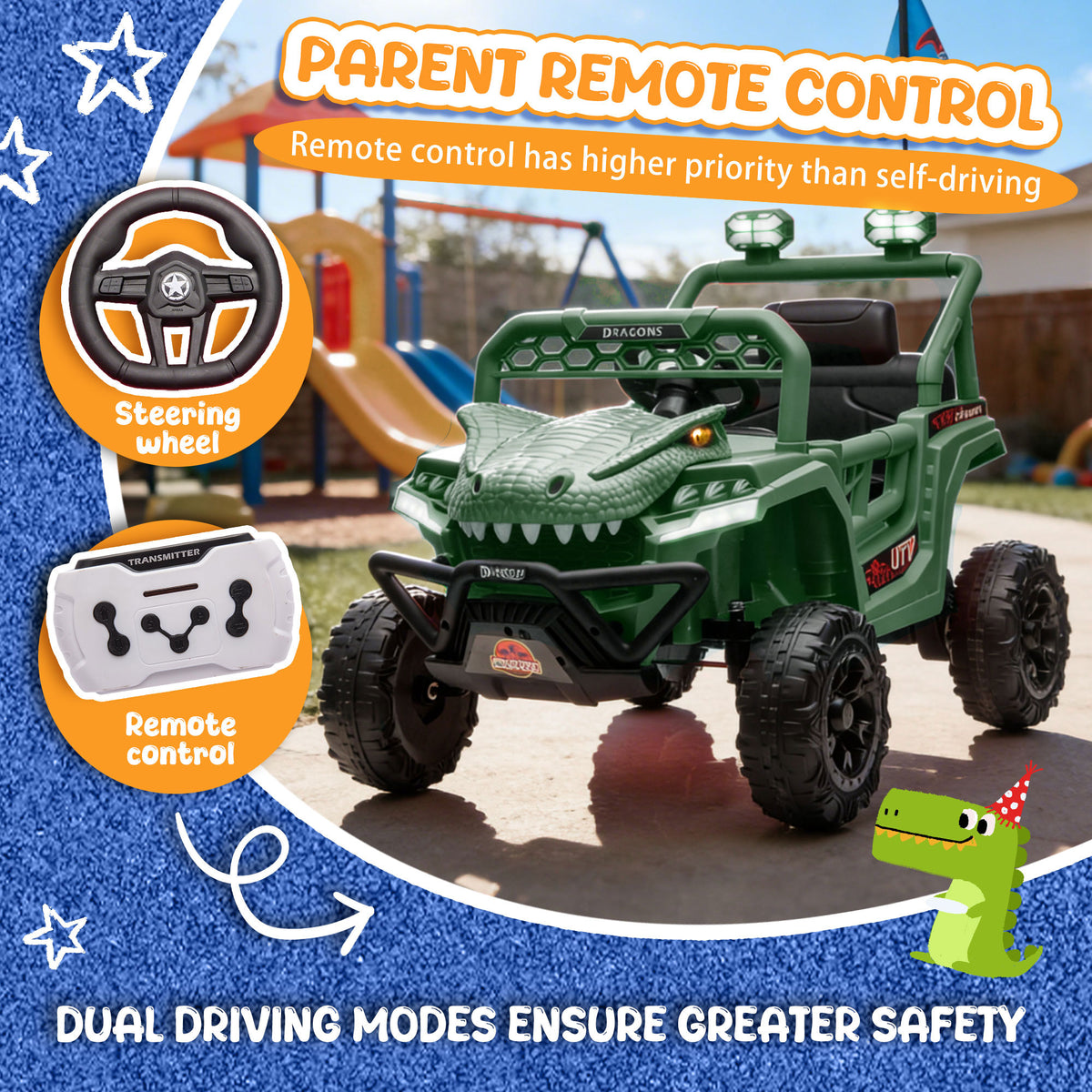12V Powered Ride on Cars for Kids, Dinosaur Electric Ride on Toys with Remote Control, 4 Wheels Suspension Toy Car with Bluetooth, Music, LED Light, Kids Electric Cars for Boys Girls Around 3, Green