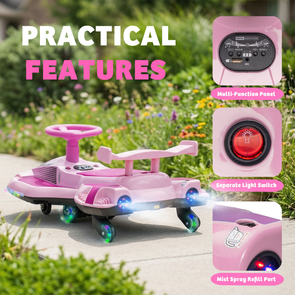 12V Kids Ride On Electric Wiggle Car, 360° Drift Ride On Toy with Rear Mist Spray, LED Lights, Flashing Wheels, Bluetooth Music, USB, MP3, Power Display, Anti-Tip Chassis, 3.73-4.35 MPH, Ages 3+