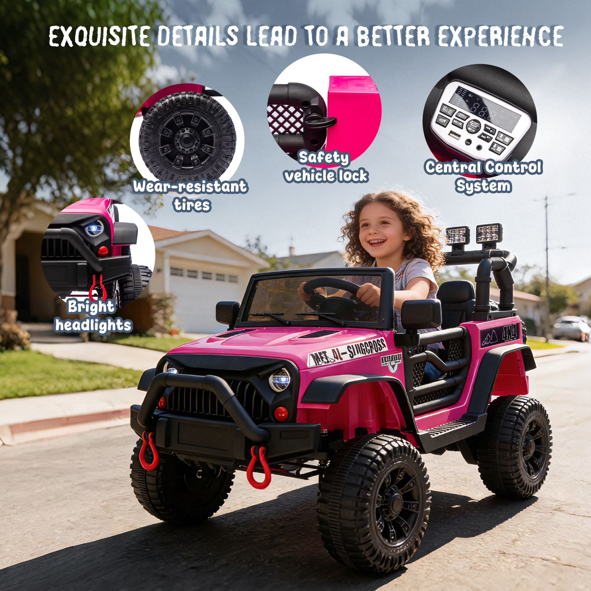 24V Kids Ride On Car W/Parents Control,2*200w Power motors,Four Wheel Suspension,Adjustable speed,USB,MP3,Music,Bluetooth,Large display screen,Power Display,Safety Belt for Kids Aged 3+.
