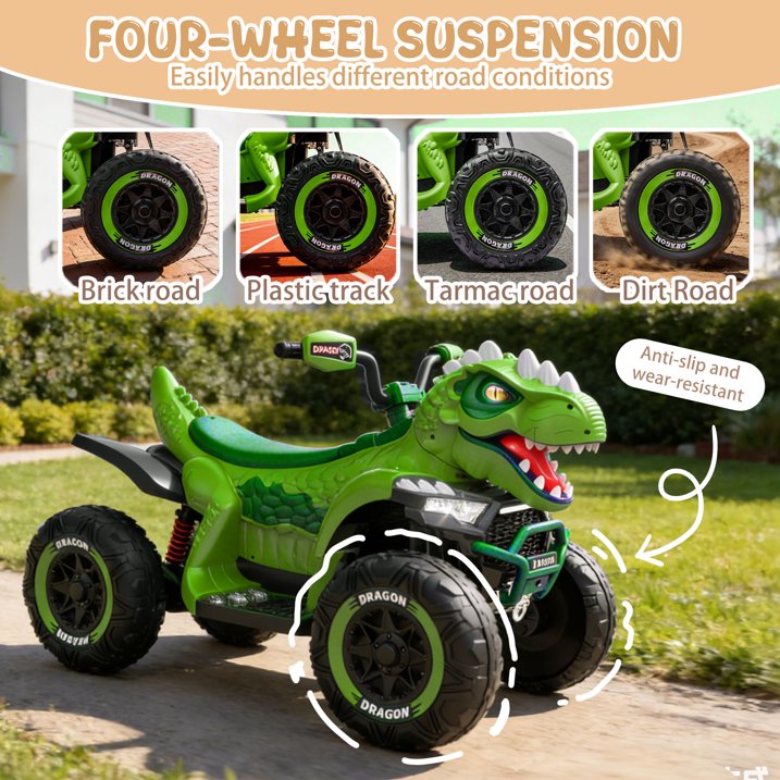 12V Dinosaur Kids Ride On Car, 2 Seater Power Ride On Toy for Kids with Remote Control, Bluetooth, USB, 4 Wheel Suspension, Dinosaur Electric Toy Car for Boys and Girls Ages 3-8, Green