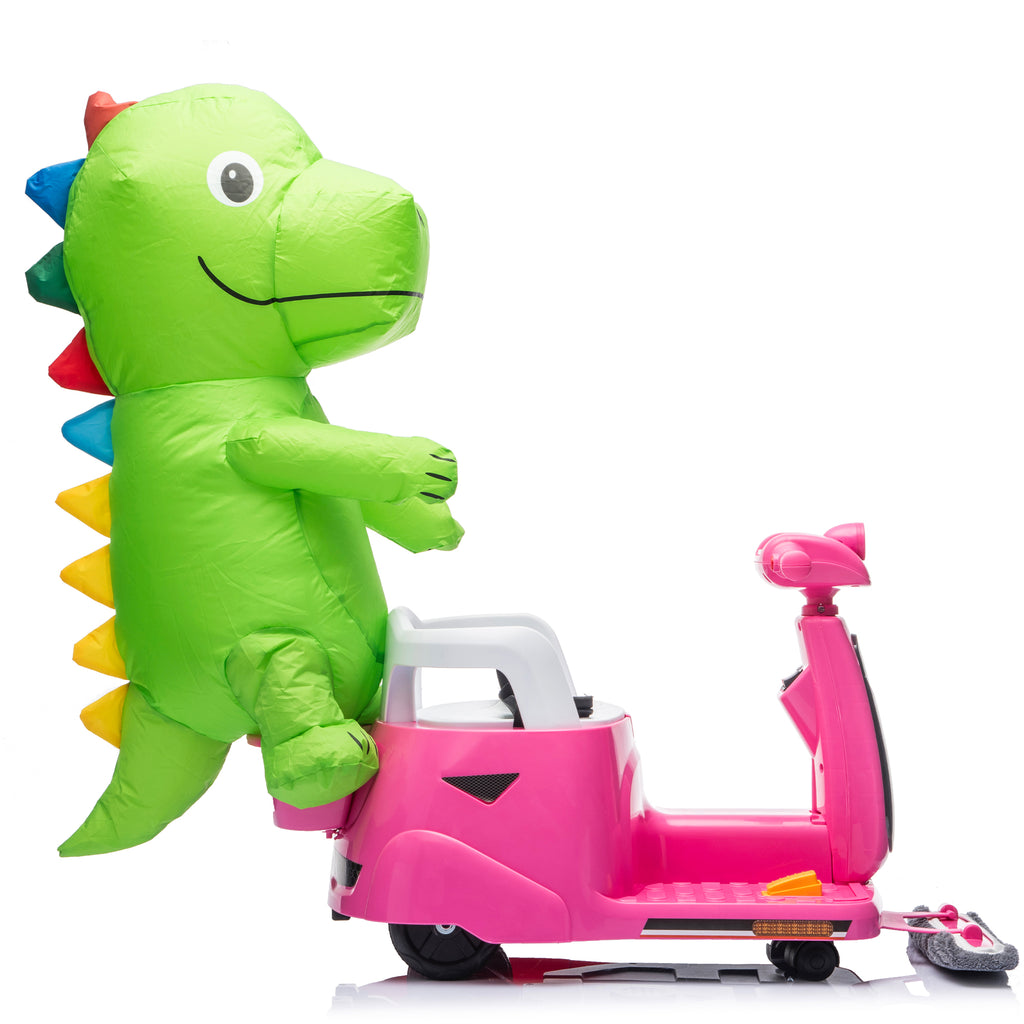 12V Power Ride On Toy with Remote Control, 360° Spin Scooter Ride On Cars for Kid with Bluetooth Music, Indoor Floor Mop & Inflatable Dinosaur, Battery Powered Ride On Cars for Toddlers Age 2-4, Pink