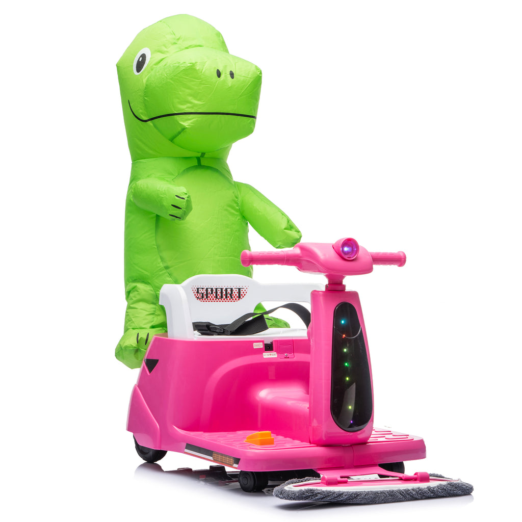 12V Power Ride On Toy with Remote Control, 360° Spin Scooter Ride On Cars for Kid with Bluetooth Music, Indoor Floor Mop & Inflatable Dinosaur, Battery Powered Ride On Cars for Toddlers Age 2-4, Pink