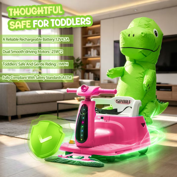 12V Power Ride On Toy with Remote Control, 360° Spin Scooter Ride On Cars for Kid with Bluetooth Music, Indoor Floor Mop & Inflatable Dinosaur, Battery Powered Ride On Cars for Toddlers Age 2-4, Pink