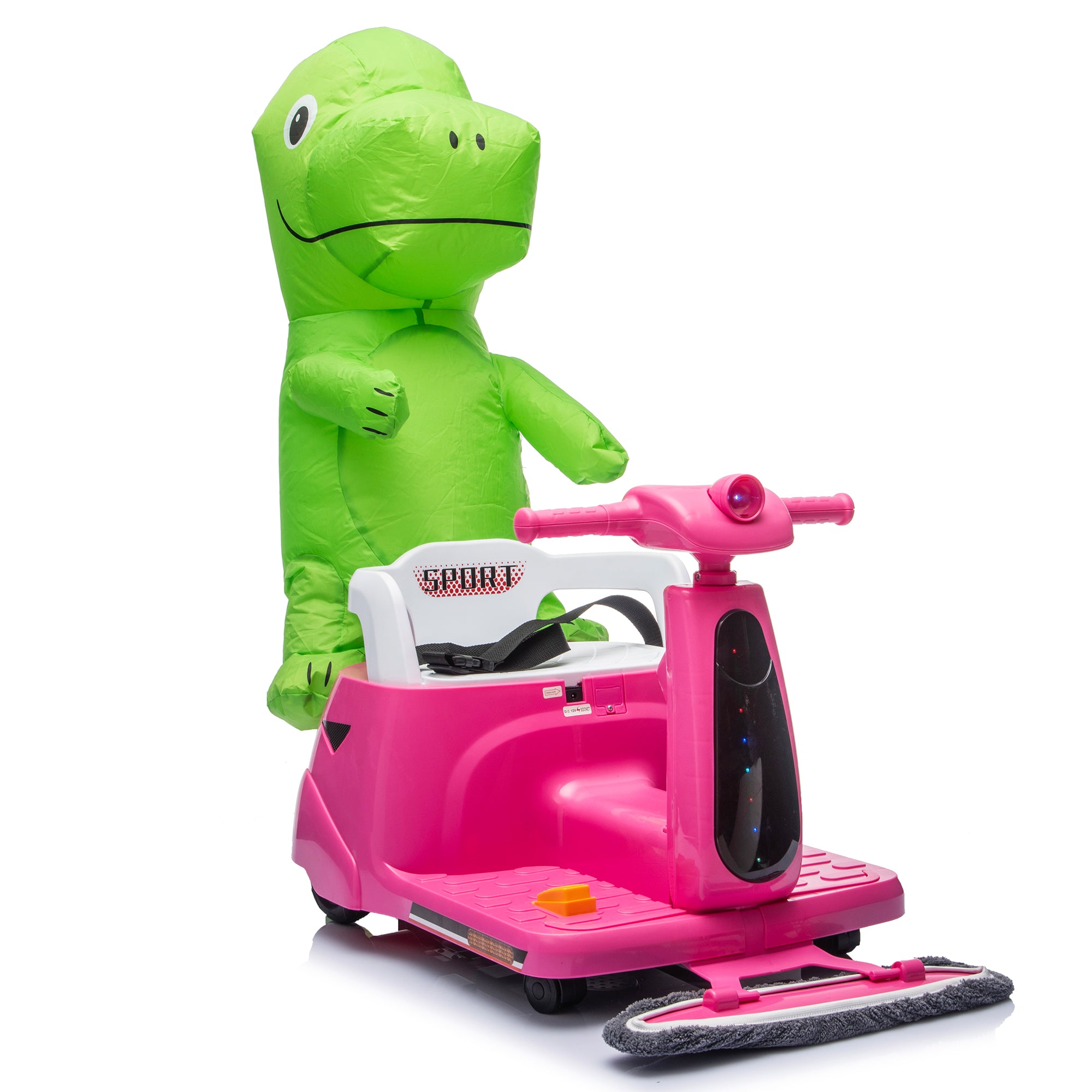 12V Power Ride On Toy with Remote Control, 360° Spin Scooter Ride On Cars for Kid with Bluetooth Music, Indoor Floor Mop & Inflatable Dinosaur, Battery Powered Ride On Cars for Toddlers Age 2-4, Pink