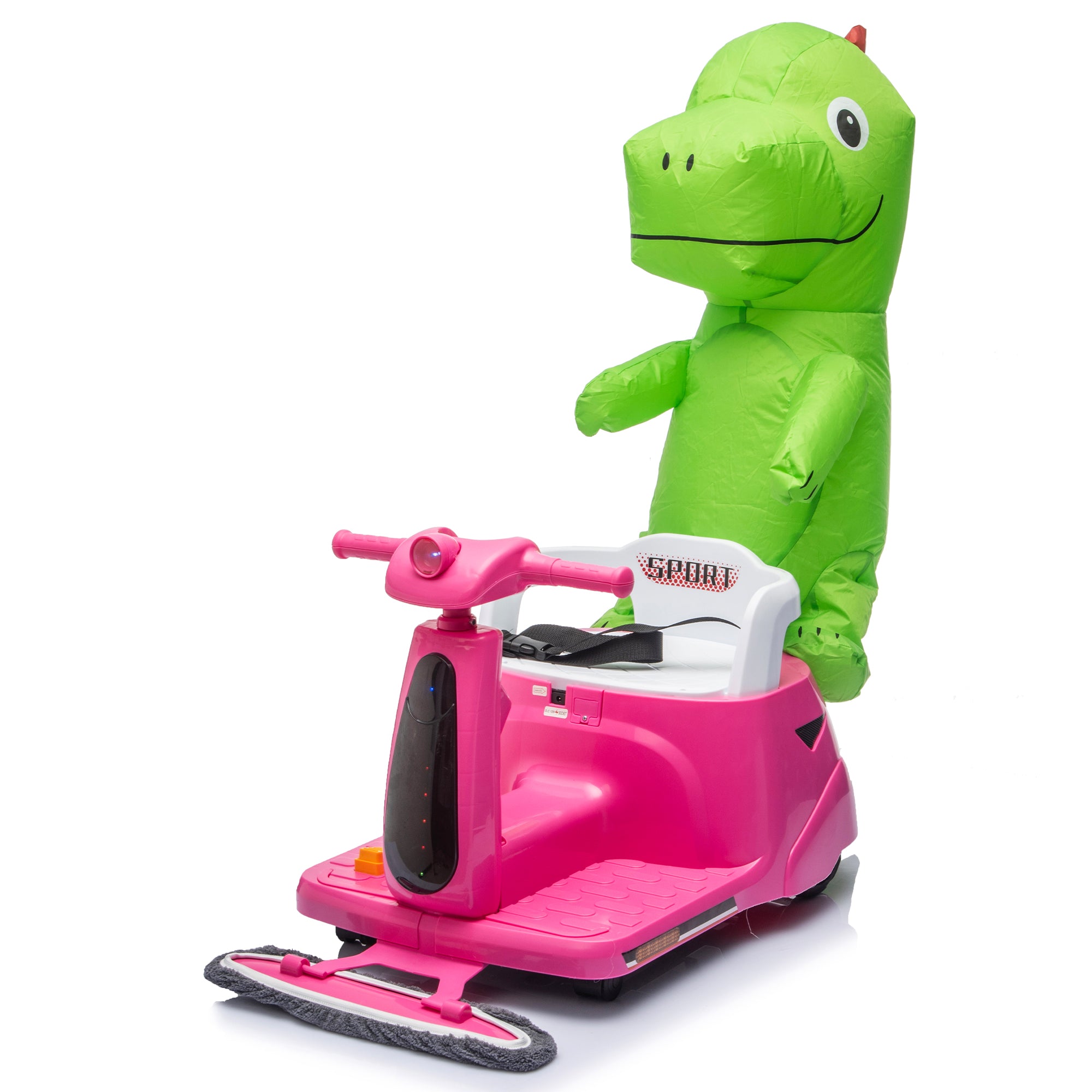 12V Power Ride On Toy with Remote Control, 360° Spin Scooter Ride On Cars for Kid with Bluetooth Music, Indoor Floor Mop & Inflatable Dinosaur, Battery Powered Ride On Cars for Toddlers Age 2-4, Pink
