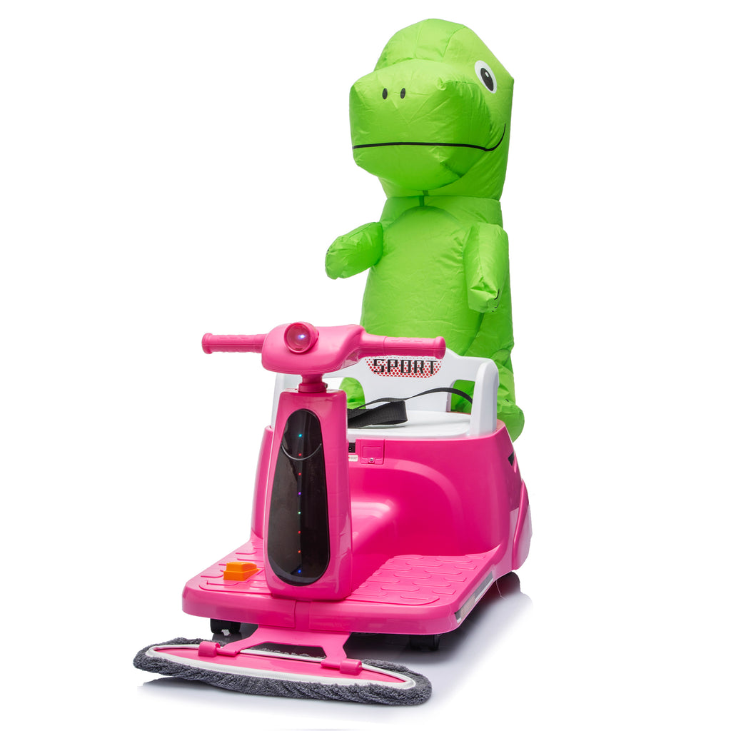 12V Power Ride On Toy with Remote Control, 360° Spin Scooter Ride On Cars for Kid with Bluetooth Music, Indoor Floor Mop & Inflatable Dinosaur, Battery Powered Ride On Cars for Toddlers Age 2-4, Pink
