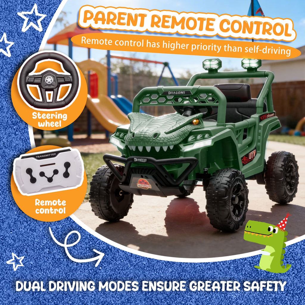 12V Powered Ride on Cars for Kids, Dinosaur Electric Ride on Toys with Remote Control, 4 Wheels Suspension Toy Car with Bluetooth, Music, LED Light, Kids Electric Cars for Boys Girls Around 3, Green