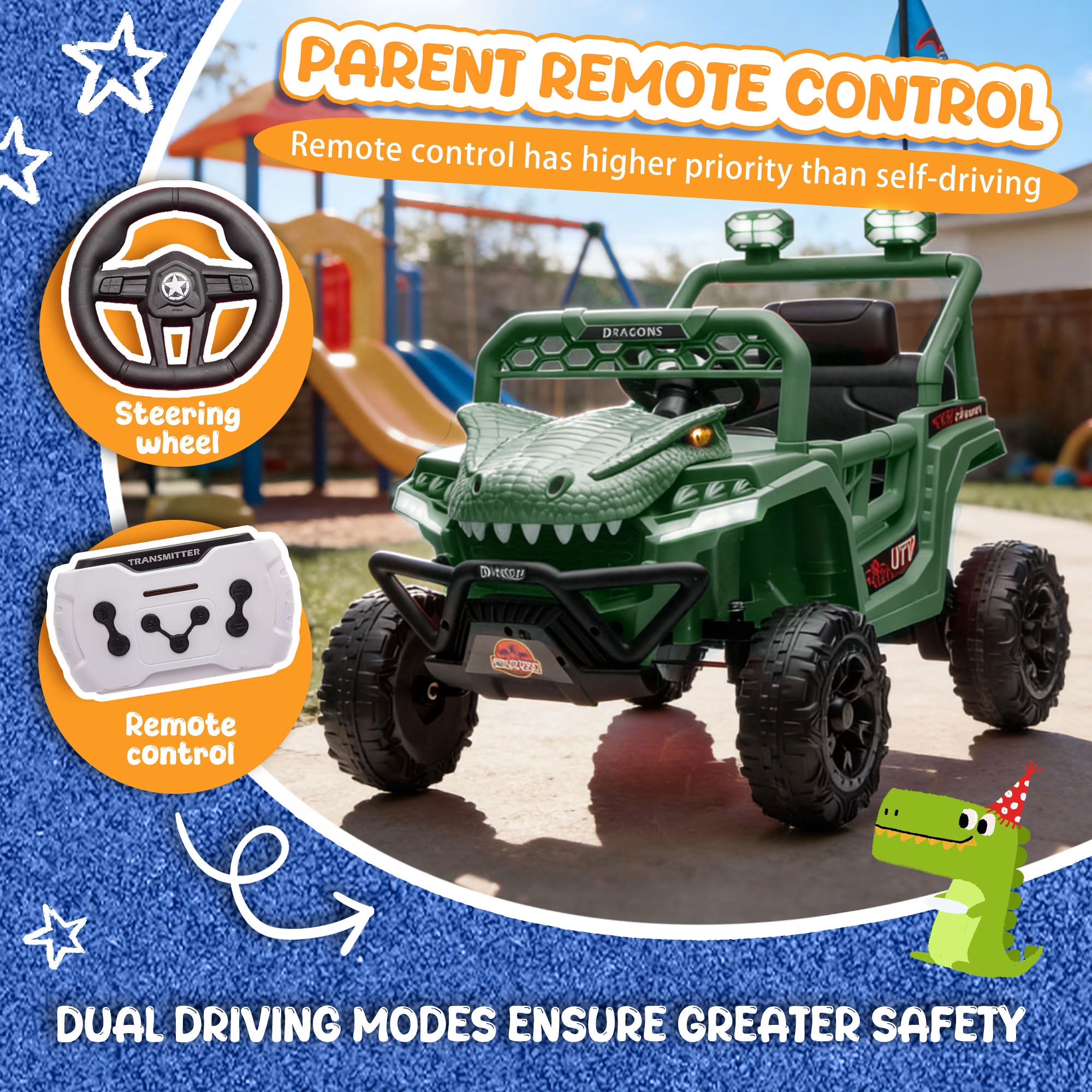 12V Powered Ride on Cars for Kids, Dinosaur Electric Ride on Toys with Remote Control, 4 Wheels Suspension Toy Car with Bluetooth, Music, LED Light, Kids Electric Cars for Boys Girls Around 3, Green