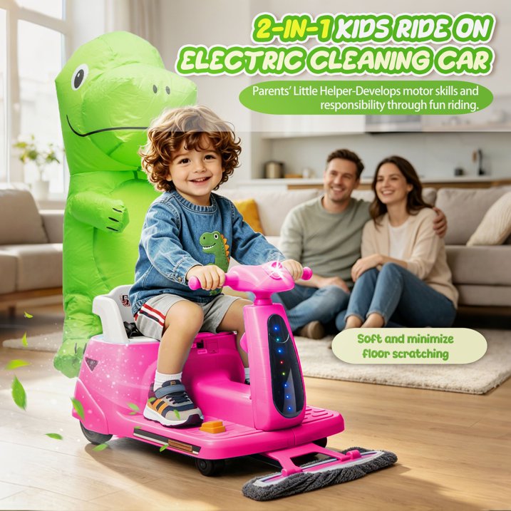 12V Power Ride On Toy with Remote Control, 360° Spin Scooter Ride On Cars for Kid with Bluetooth Music, Indoor Floor Mop & Inflatable Dinosaur, Battery Powered Ride On Cars for Toddlers Age 2-4, Pink