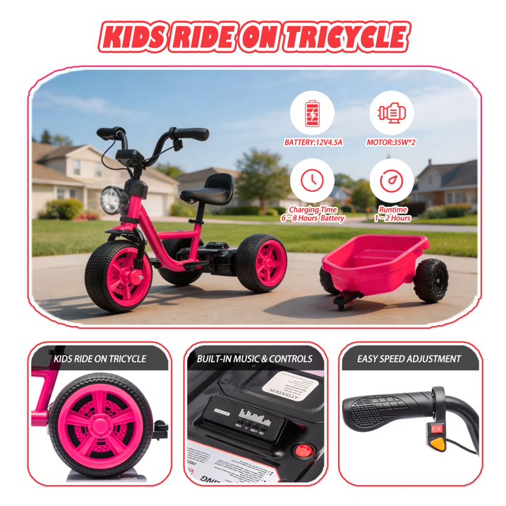 Toddler Tricycle with Wagon, Pedal Powered Ride On Tractor Toy with Light for Boys and Girls