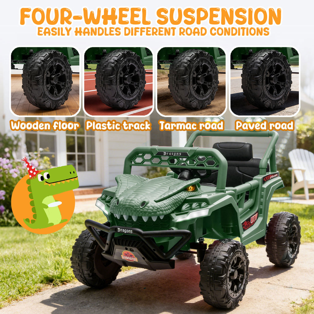 12V Powered Ride on Cars for Kids, Dinosaur Electric Ride on Toys with Remote Control, 4 Wheels Suspension Toy Car with Bluetooth, Music, LED Light, Kids Electric Cars for Boys Girls Around 3, Green