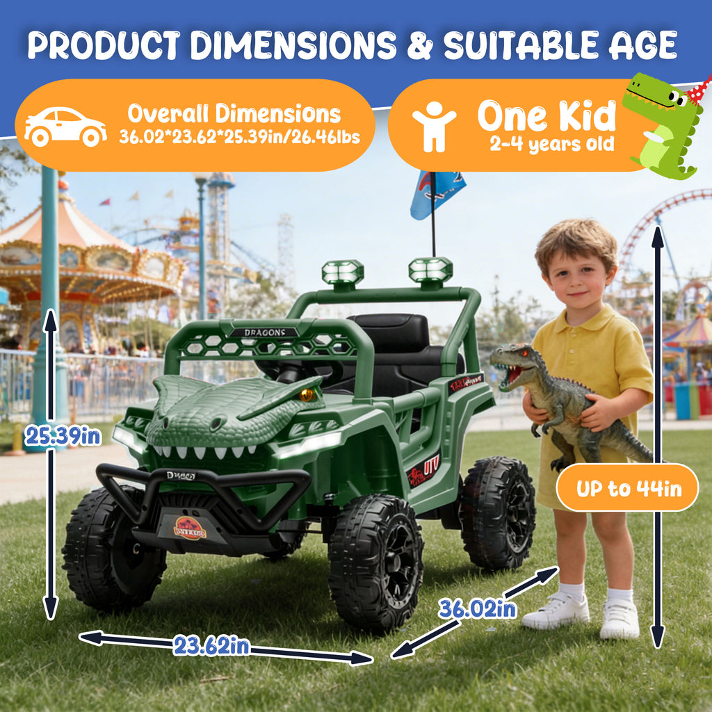 12V Powered Ride on Cars for Kids, Dinosaur Electric Ride on Toys with Remote Control, 4 Wheels Suspension Toy Car with Bluetooth, Music, LED Light, Kids Electric Cars for Boys Girls Around 3, Green