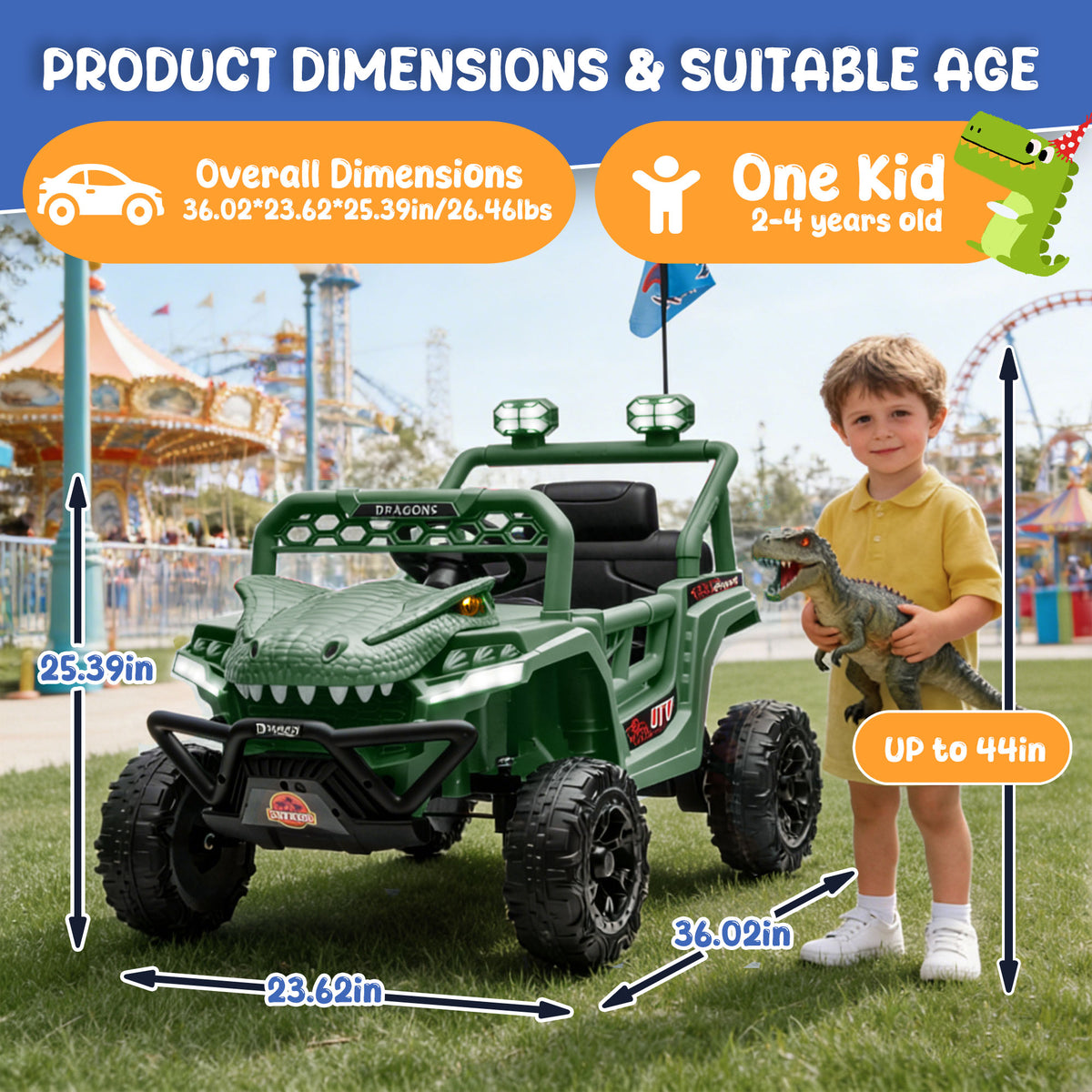12V Powered Ride on Cars for Kids, Dinosaur Electric Ride on Toys with Remote Control, 4 Wheels Suspension Toy Car with Bluetooth, Music, LED Light, Kids Electric Cars for Boys Girls Around 3, Green