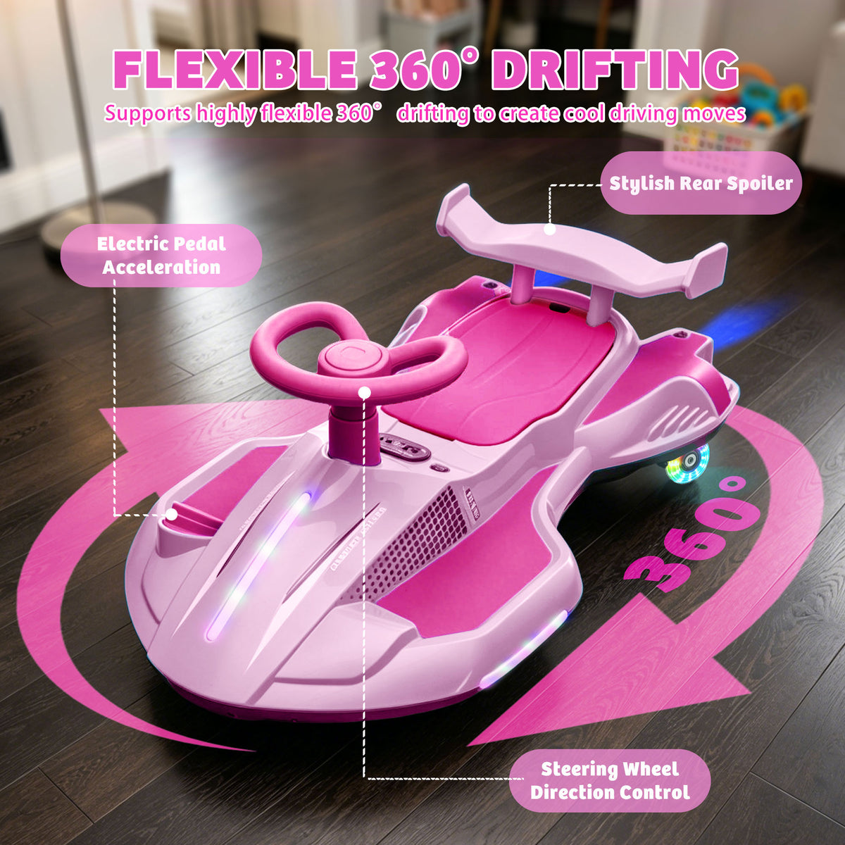 12V Kids Ride On Electric Wiggle Car, 360° Drift Ride On Toy with Rear Mist Spray, LED Lights, Flashing Wheels, Bluetooth Music, USB, MP3, Power Display, Anti-Tip Chassis, 3.73-4.35 MPH, Ages 3+
