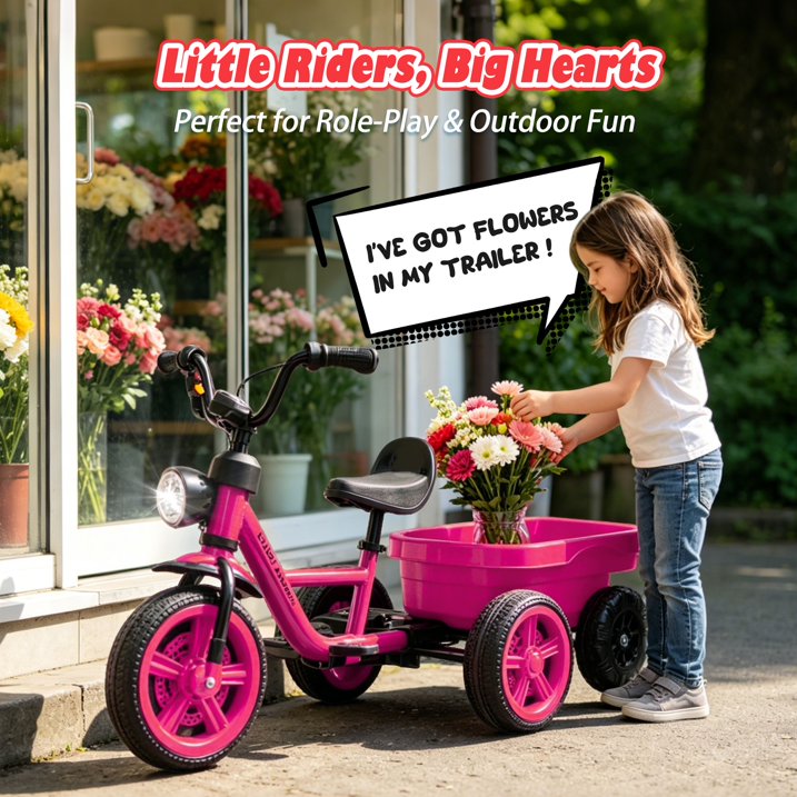 Toddler Tricycle with Wagon, Pedal Powered Ride On Tractor Toy with Light for Boys and Girls