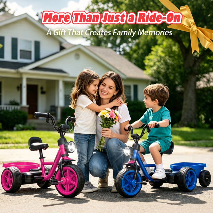Toddler Tricycle with Wagon, Pedal Powered Ride On Tractor Toy with Light for Boys and Girls