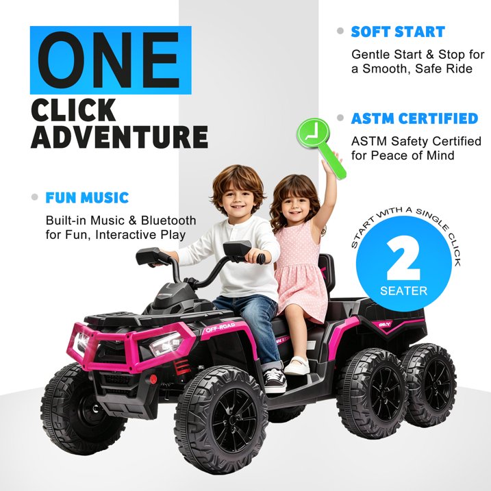 24V 6 Wheel Kids Ride On Cars with Bluetooth Music, Remote Control, Rear Cargo Bed, LED Lights, Dual Motors – Outdoor Electric Ride On Vehicle for Kids Ages 3-8, Pink