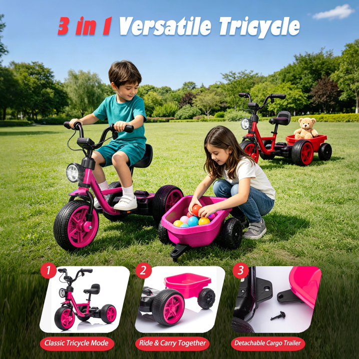 Toddler Tricycle with Wagon, Pedal Powered Ride On Tractor Toy with Light for Boys and Girls