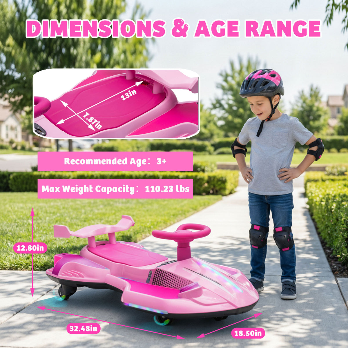 12V Kids Ride On Electric Wiggle Car, 360° Drift Ride On Toy with Rear Mist Spray, LED Lights, Flashing Wheels, Bluetooth Music, USB, MP3, Power Display, Anti-Tip Chassis, 3.73-4.35 MPH, Ages 3+