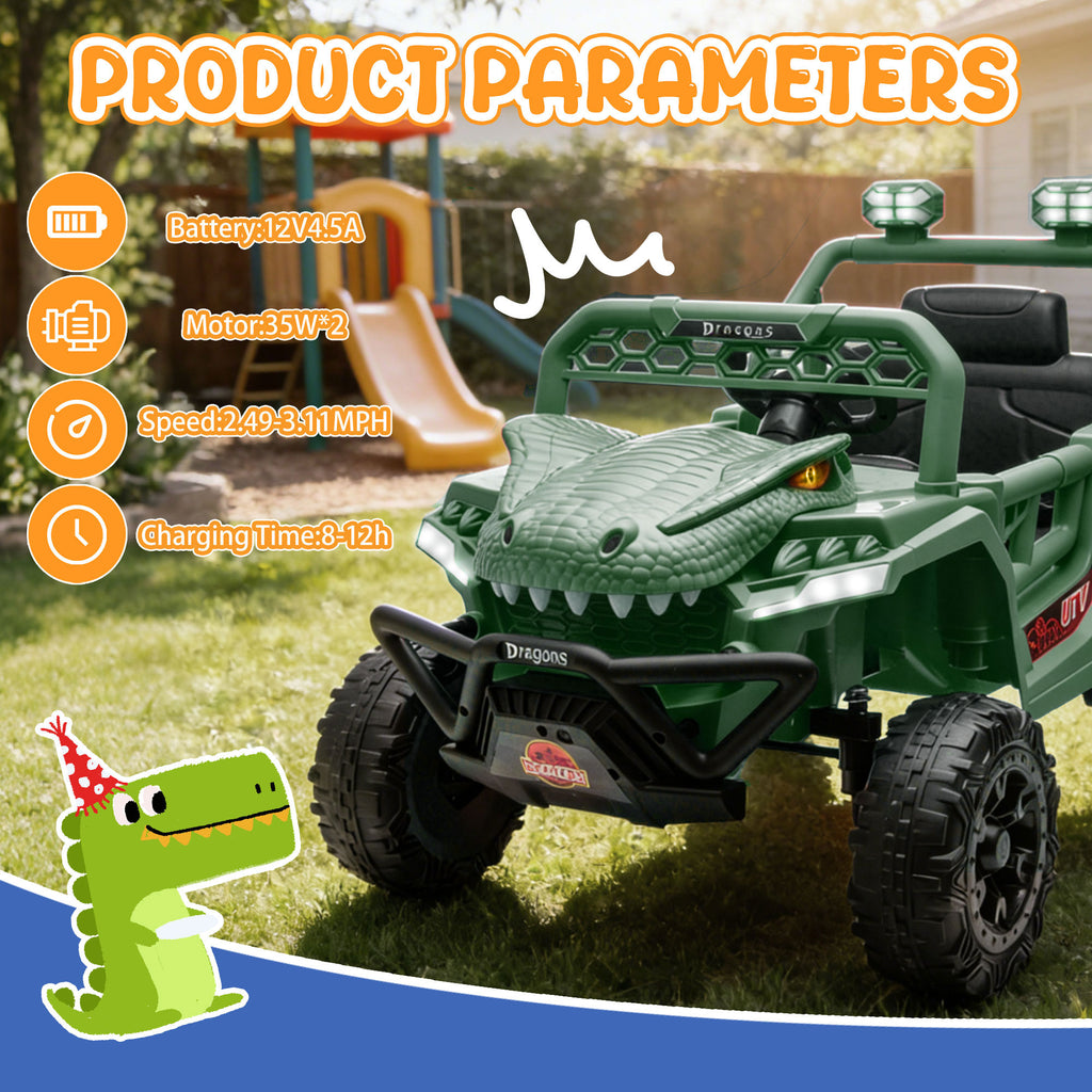 12V Powered Ride on Cars for Kids, Dinosaur Electric Ride on Toys with Remote Control, 4 Wheels Suspension Toy Car with Bluetooth, Music, LED Light, Kids Electric Cars for Boys Girls Around 3, Green