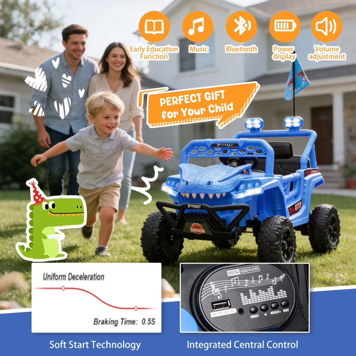 12V Powered Ride on Cars for Kids, Dinosaur Electric Ride on Toys with Remote Control, 4 Wheels Suspension Toy Car with Bluetooth, Music, LED Light, Kids Electric Cars for Boys Girls Around 3, Khaki