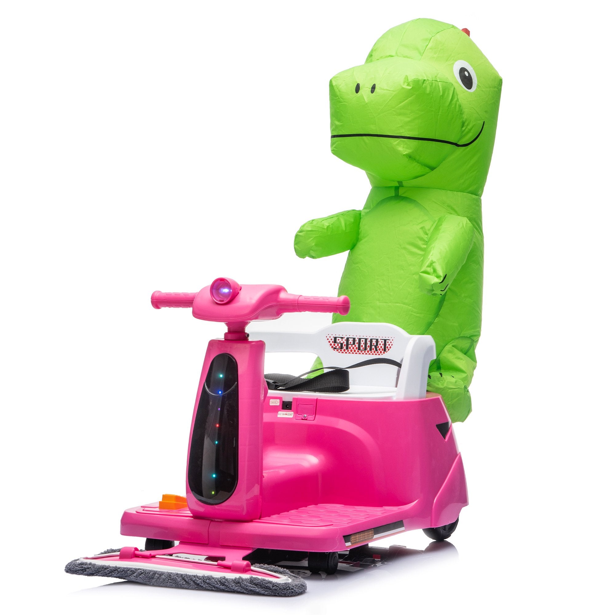 12V Power Ride On Toy with Remote Control, 360° Spin Scooter Ride On Cars for Kid with Bluetooth Music, Indoor Floor Mop & Inflatable Dinosaur, Battery Powered Ride On Cars for Toddlers Age 2-4, Pink
